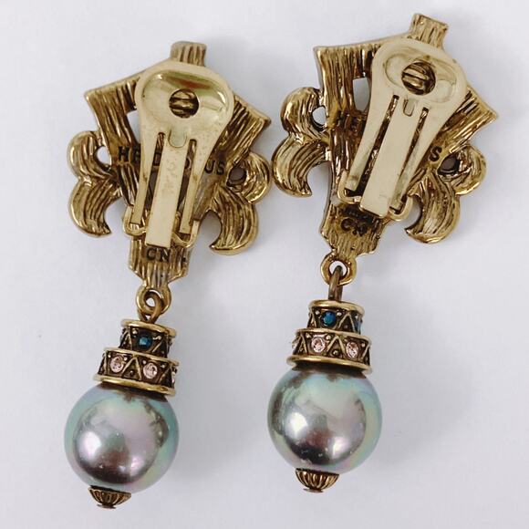 Signed Heidi Daus Gold Tone Crystal Pearl Drop Clip On Earrings VTG Swarovski? - Picture 12 of 17